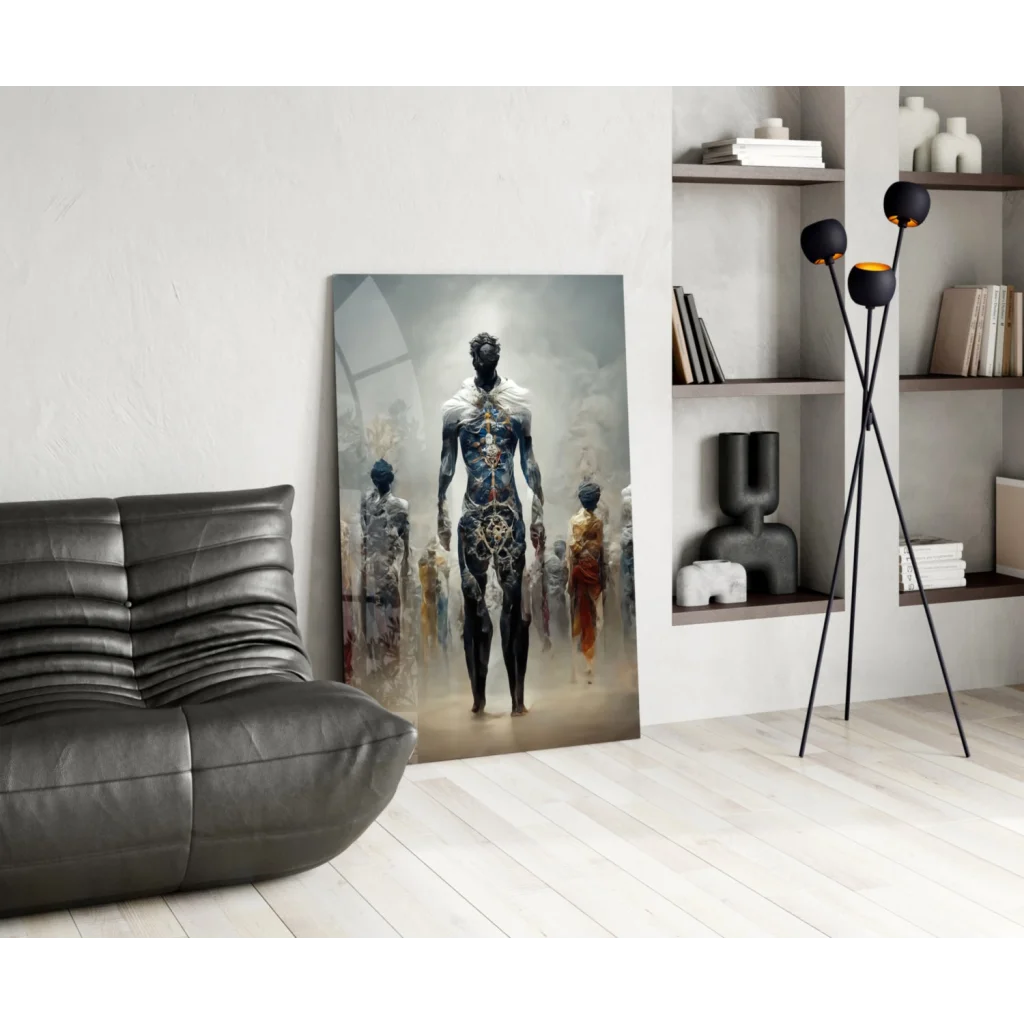 Glowing circuit figure in blue gold on glass wall art