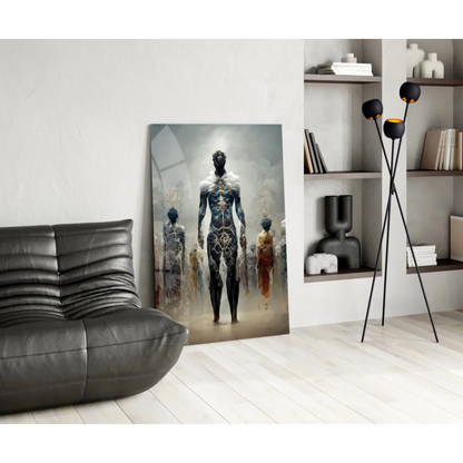 Glowing circuit figure in blue gold on glass wall art