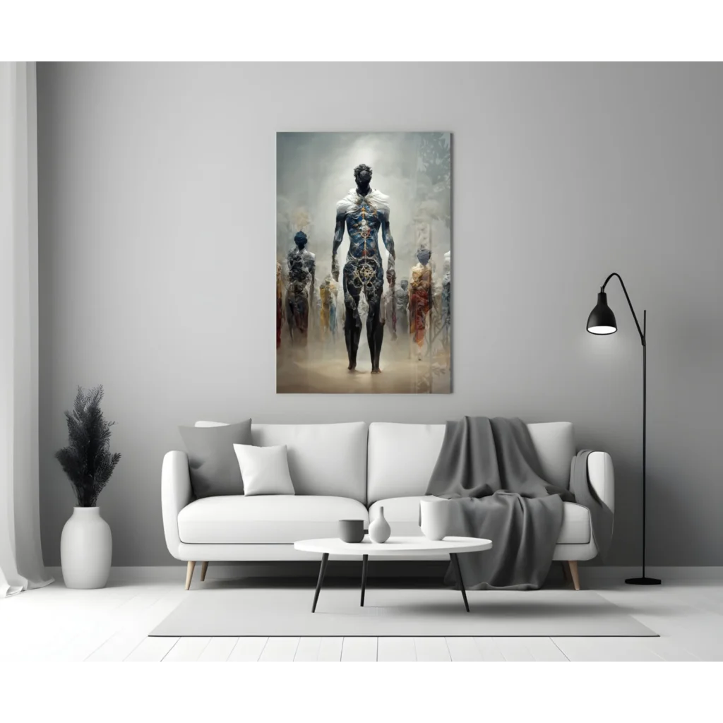 Glowing Circuit Figure Glass Wall Art with Blue Gold Patterns | Modern Wall Art Decor | vintageantiquesgifts.com