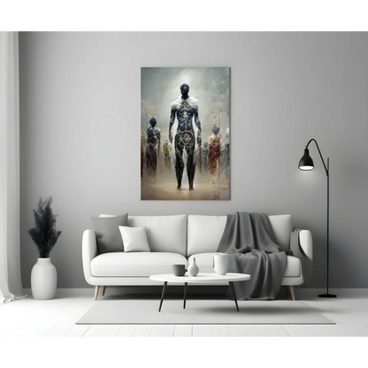 Glowing Circuit Figure Glass Wall Art with Blue Gold Patterns | Modern Wall Art Decor | vintageantiquesgifts.com