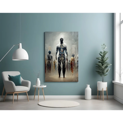 Glowing Circuit Figure Glass Wall Art with Blue Gold Patterns | Contemporary Home Wall Art | vintageantiquesgifts.com