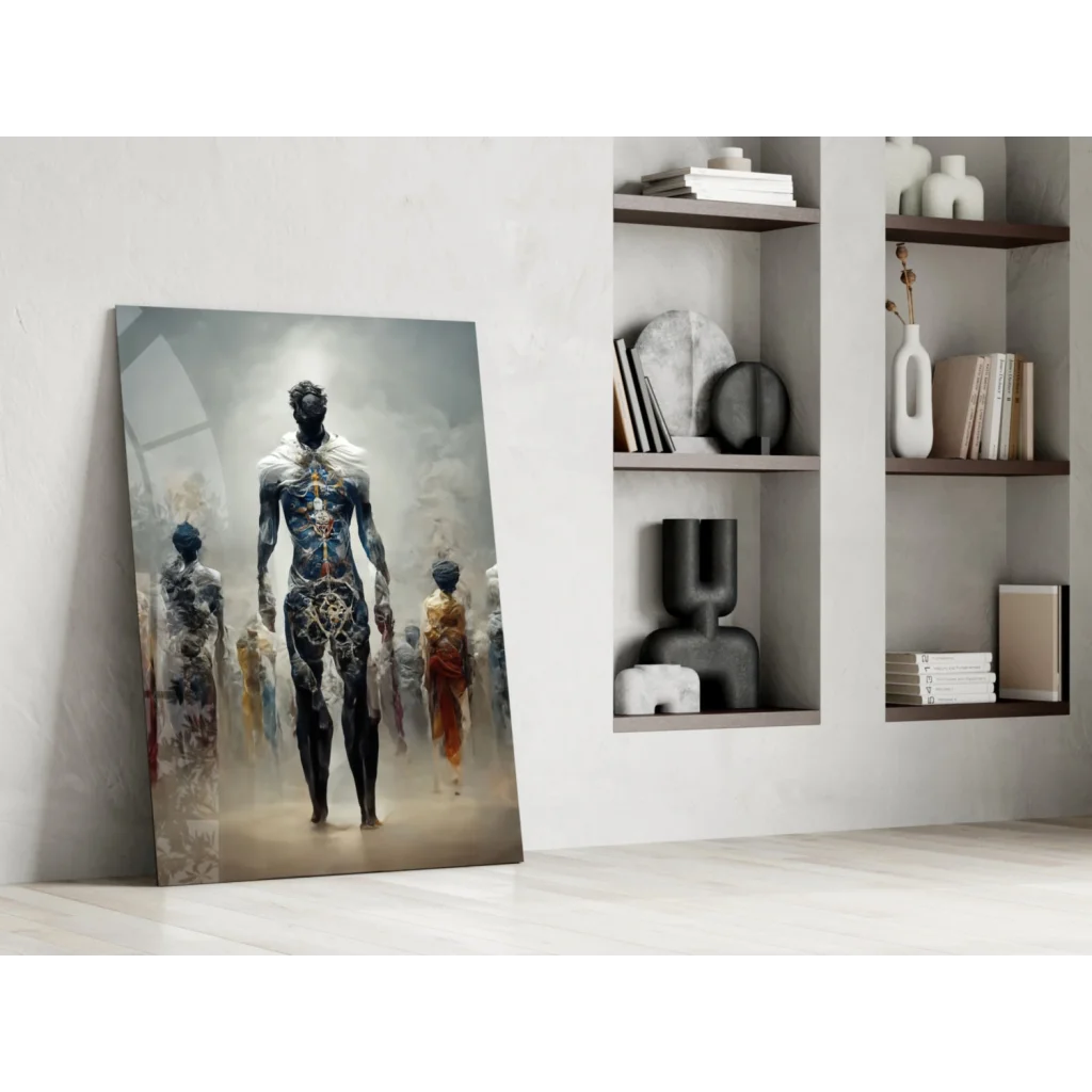 Glowing circuit figure glass wall art with blue gold patterns