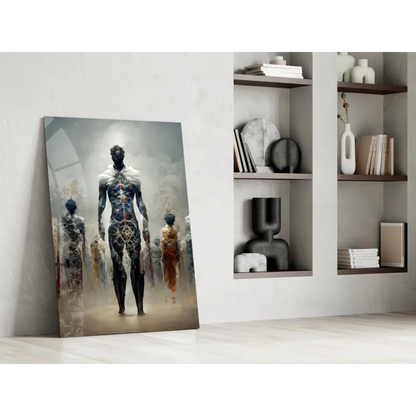Glowing circuit figure glass wall art with blue gold patterns