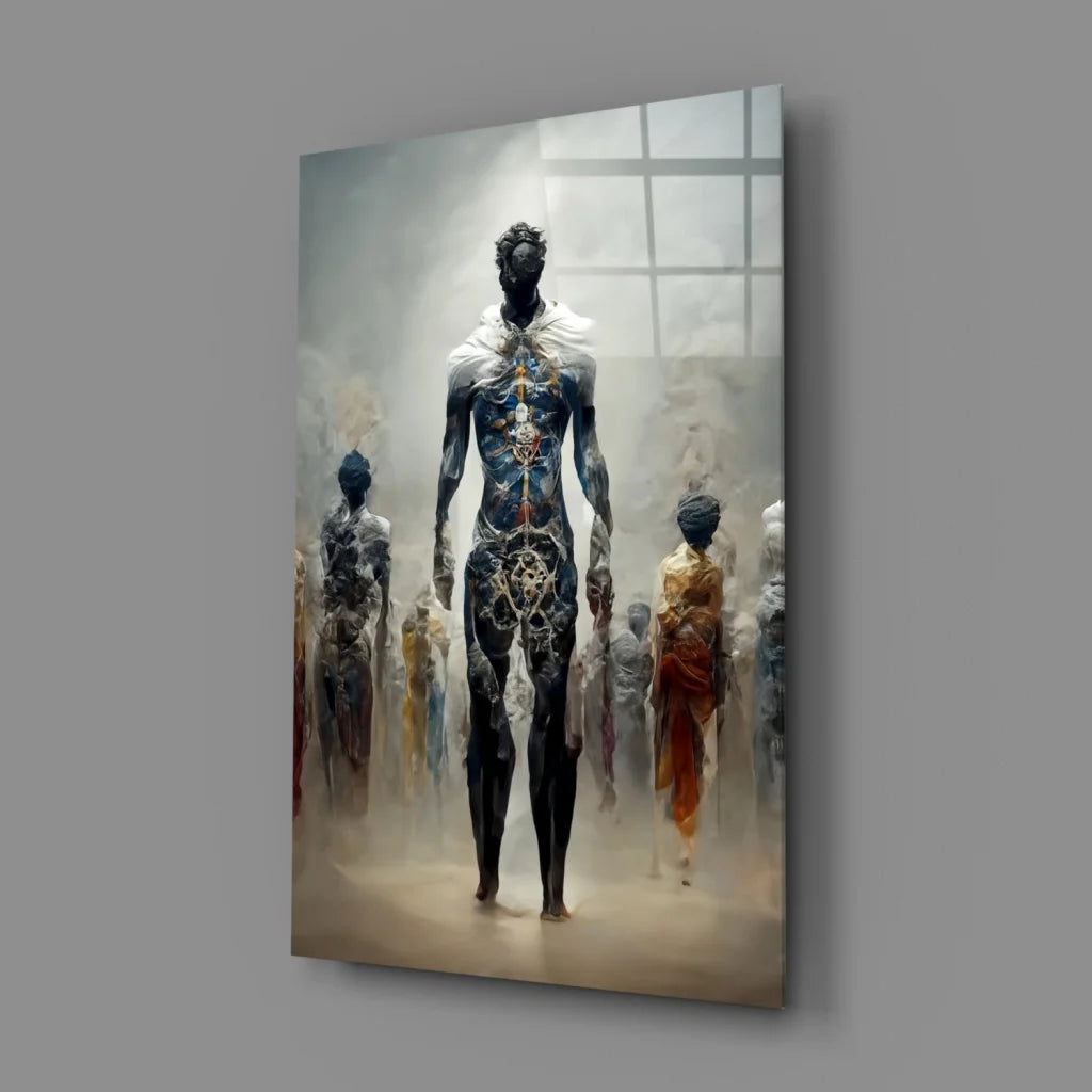 Glowing Circuit Figure Glass Wall Art with Blue Gold Patterns | Glass Wall Art Print | vintageantiquesgifts.com