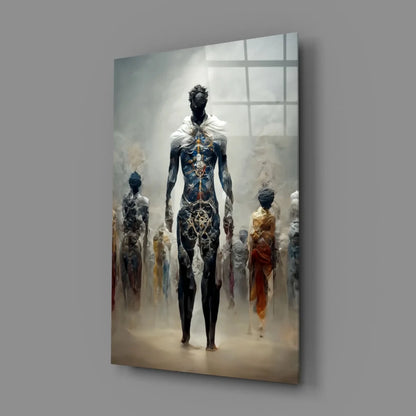 Glowing Circuit Figure Glass Wall Art with Blue Gold Patterns | Glass Wall Art Print | vintageantiquesgifts.com