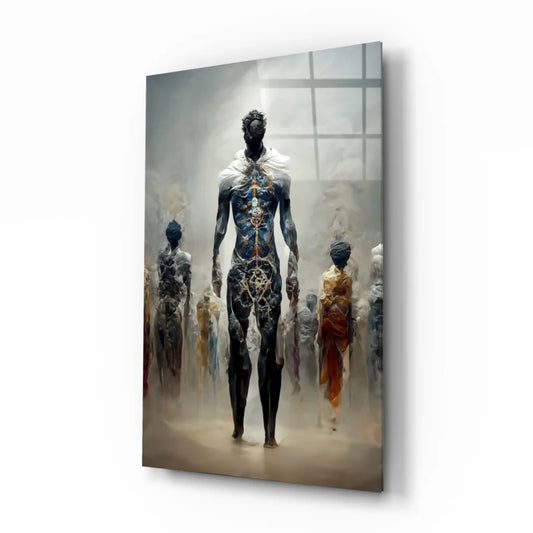 Glowing circuit figure in glass wall art with blue gold patterns