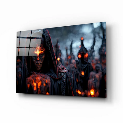 Fiery hooded reaper with glowing orange eyes in dark fantasy wall art