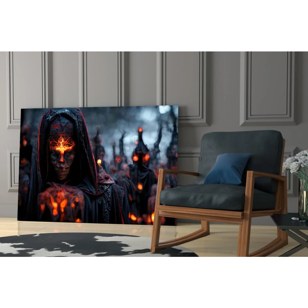 Fiery hooded reaper dark fantasy canvas wall art print with glowing eyes