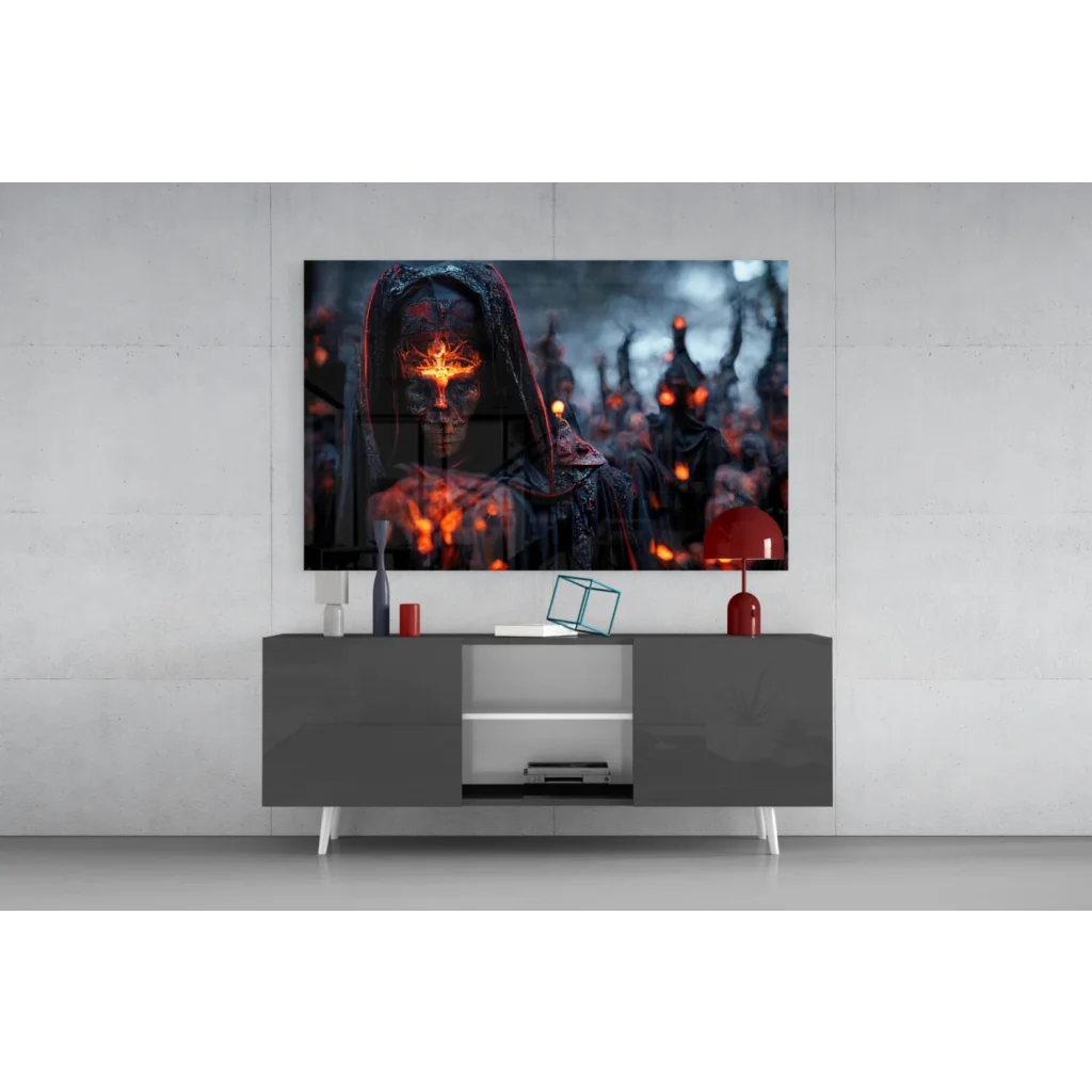 Fiery hooded reaper with glowing eyes in dark fantasy wall art print