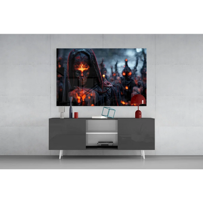Fiery hooded reaper with glowing eyes in dark fantasy wall art print
