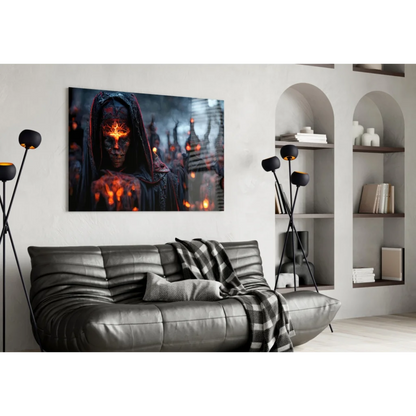 Fiery hooded reaper wall art print with glowing orange markings