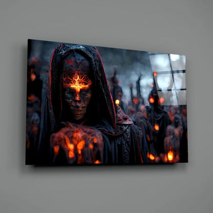 Fiery hooded reaper canvas wall art with skeletal figure and glowing orange markings