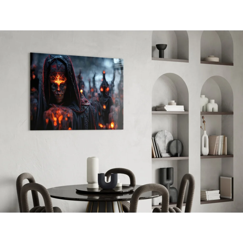 Fiery hooded reaper with glowing orange eyes on dark canvas wall art