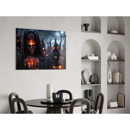 Fiery hooded reaper with glowing orange eyes on dark canvas wall art