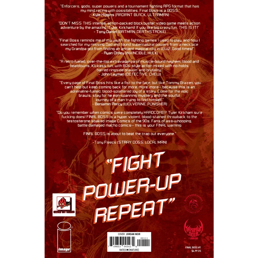 Final Boss #1 signed back cover with fiery red design and quotes
