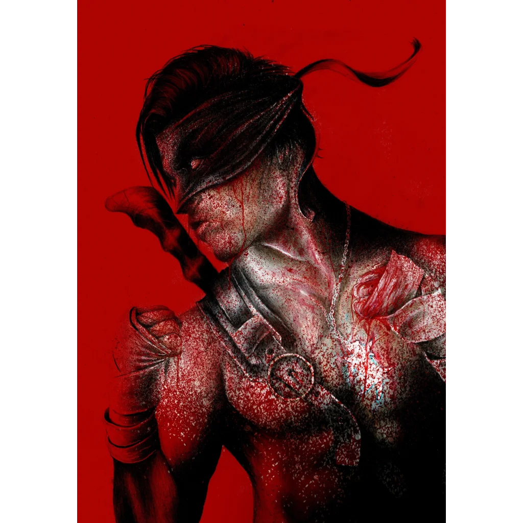 A stylized illustration of final boss wil shrike in metallic armor splattered with red blood for ac comics exclusive