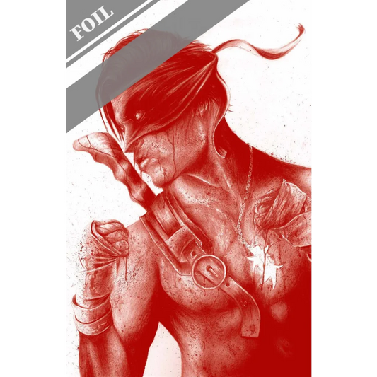 Red foil-stamped final boss wil shrike art foil featuring a masked warrior with detailed armor and straps