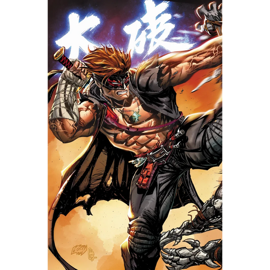 Muscular final boss ninja warrior in black and red attire with glowing sword and cape from franck uzan connecting set