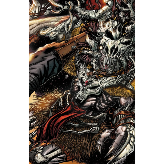 Final boss comic book featuring a menacing skeletal warrior with red cape and gold fur trim in black and white ink by tyler kirkham