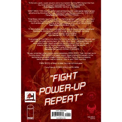 Final Boss #1 comic back cover with fiery red design and reviewer quotes