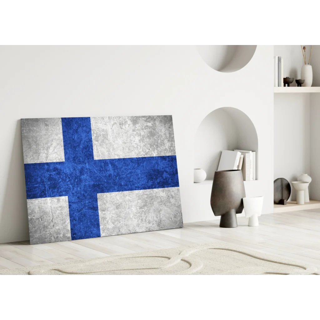 Finnish flag textured canvas wall art with weathered silver-gray finish