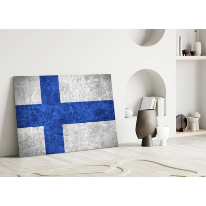Finnish flag textured canvas wall art with weathered silver-gray finish
