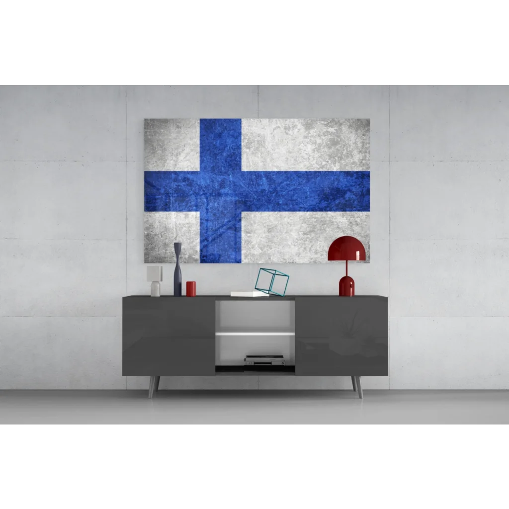 Finnish flag textured canvas wall art with vintage distressed finish