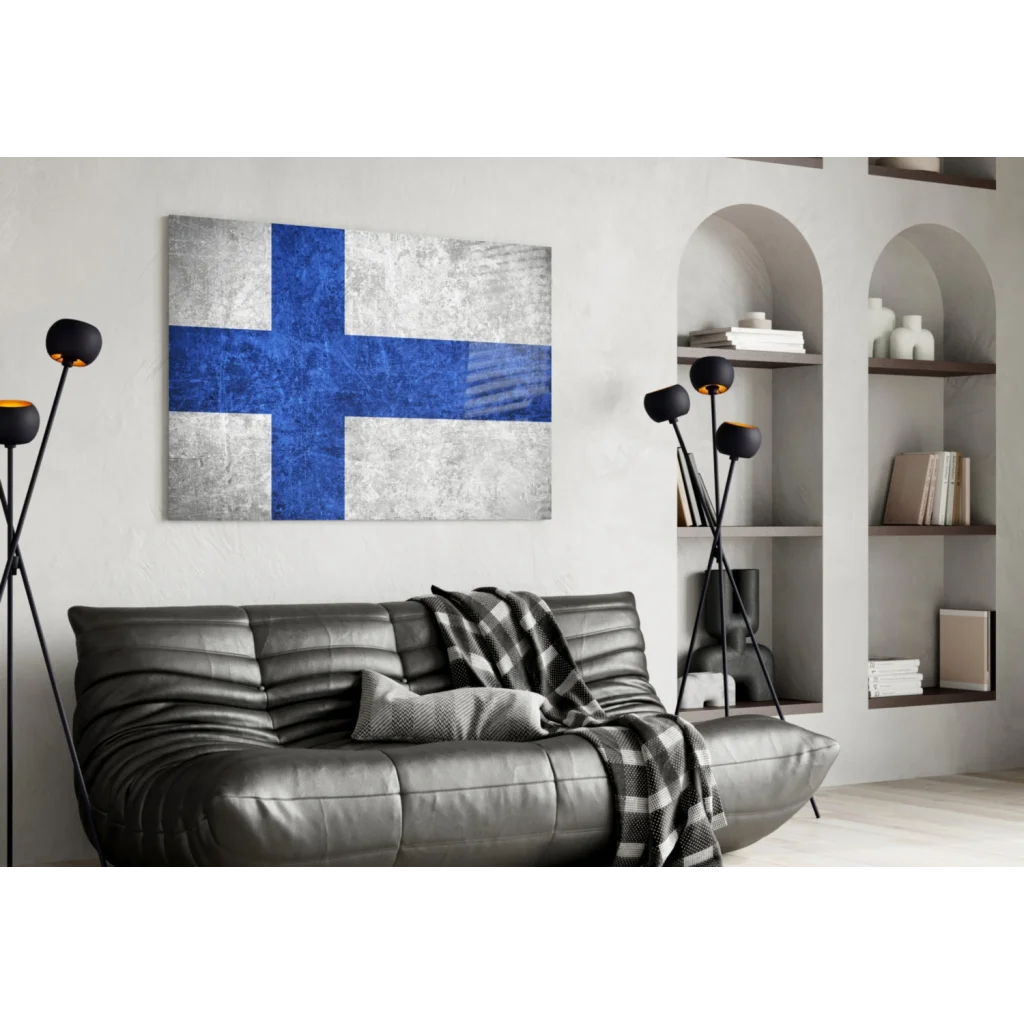 Finnish flag textured canvas wall art with weathered silver-gray finish