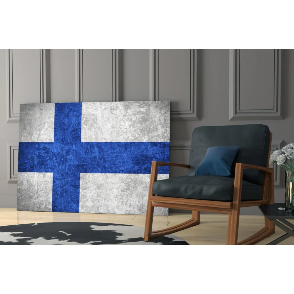Finnish flag textured canvas wall art with weathered metallic finish