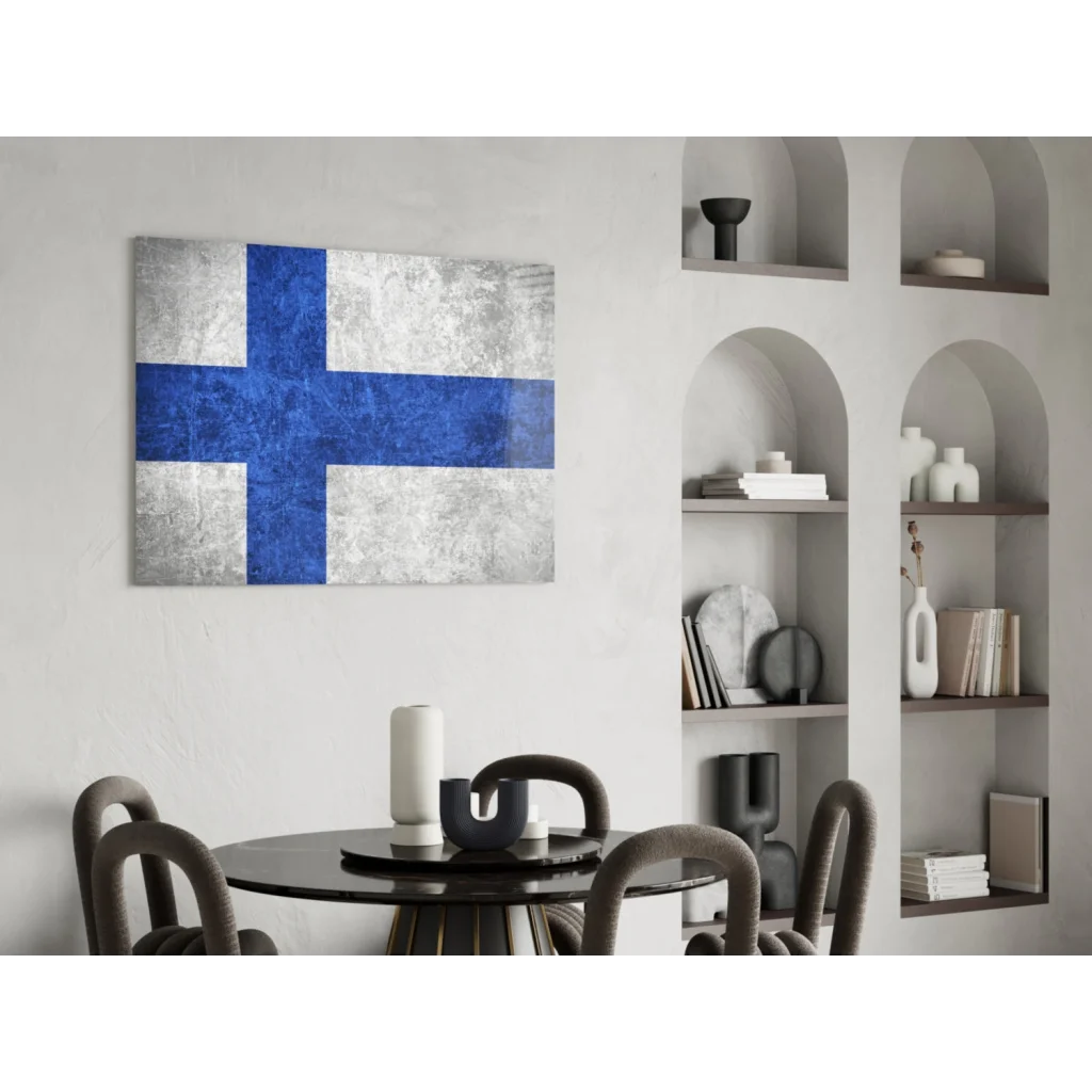 Finnish flag textured canvas wall art with blue cross and metallic finish