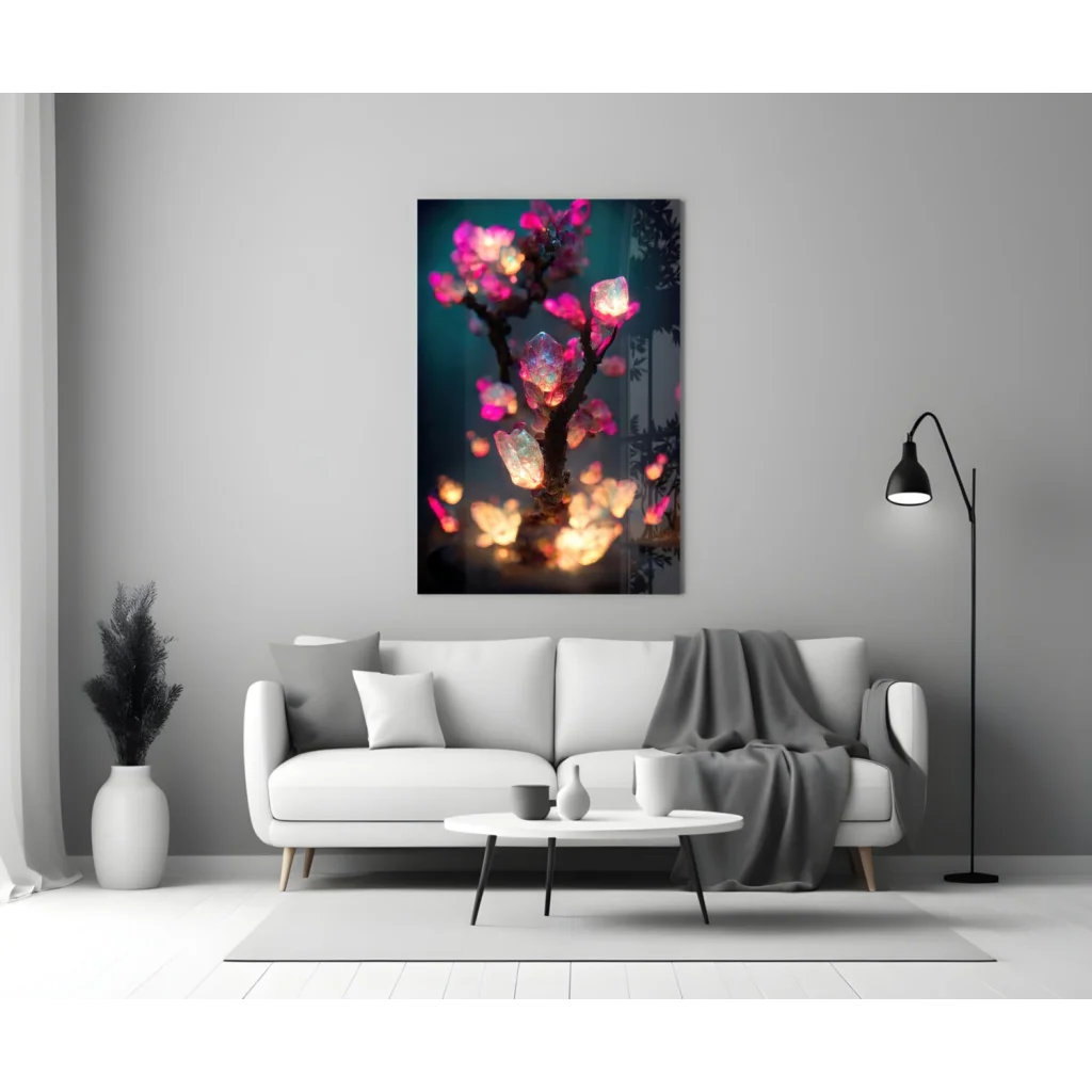 Glowing Crystal Blossom Tree Glass Wall Art Print | Modern Wall Art Decor | vintageantiquesgifts.com