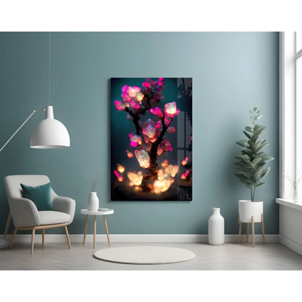 Glowing Crystal Blossom Tree Glass Wall Art Print | Contemporary Home Wall Art | vintageantiquesgifts.com