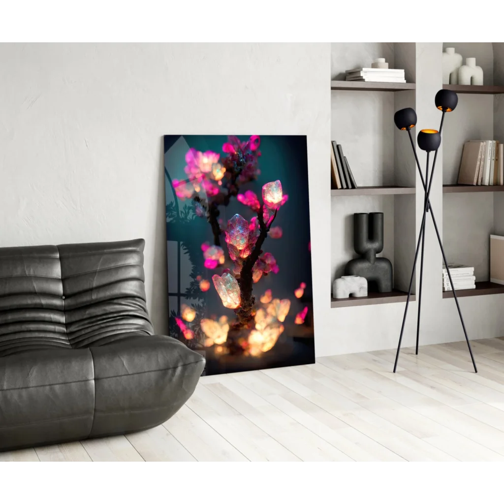Vibrant pink gold crystalline tree glass wall art on black canvas
