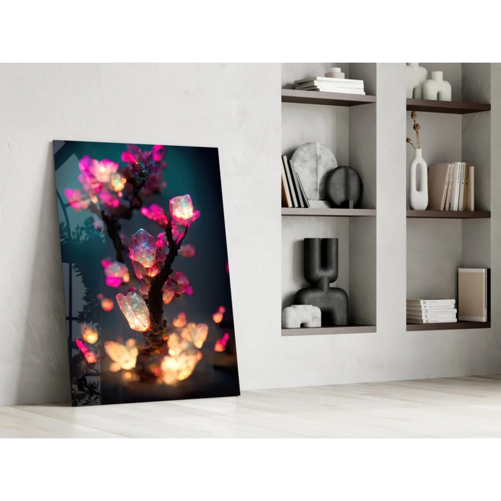 Glowing pink crystal cherry blossom tree glass wall art print