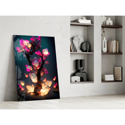 Glowing pink crystal cherry blossom tree glass wall art print