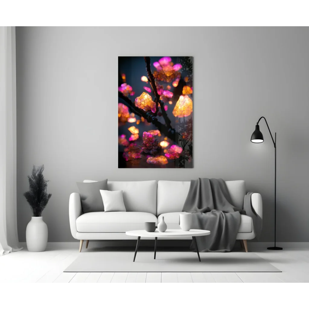 Vibrant pink orange glowing lanterns on glass wall art print