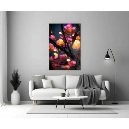 Vibrant pink orange glowing lanterns on glass wall art print