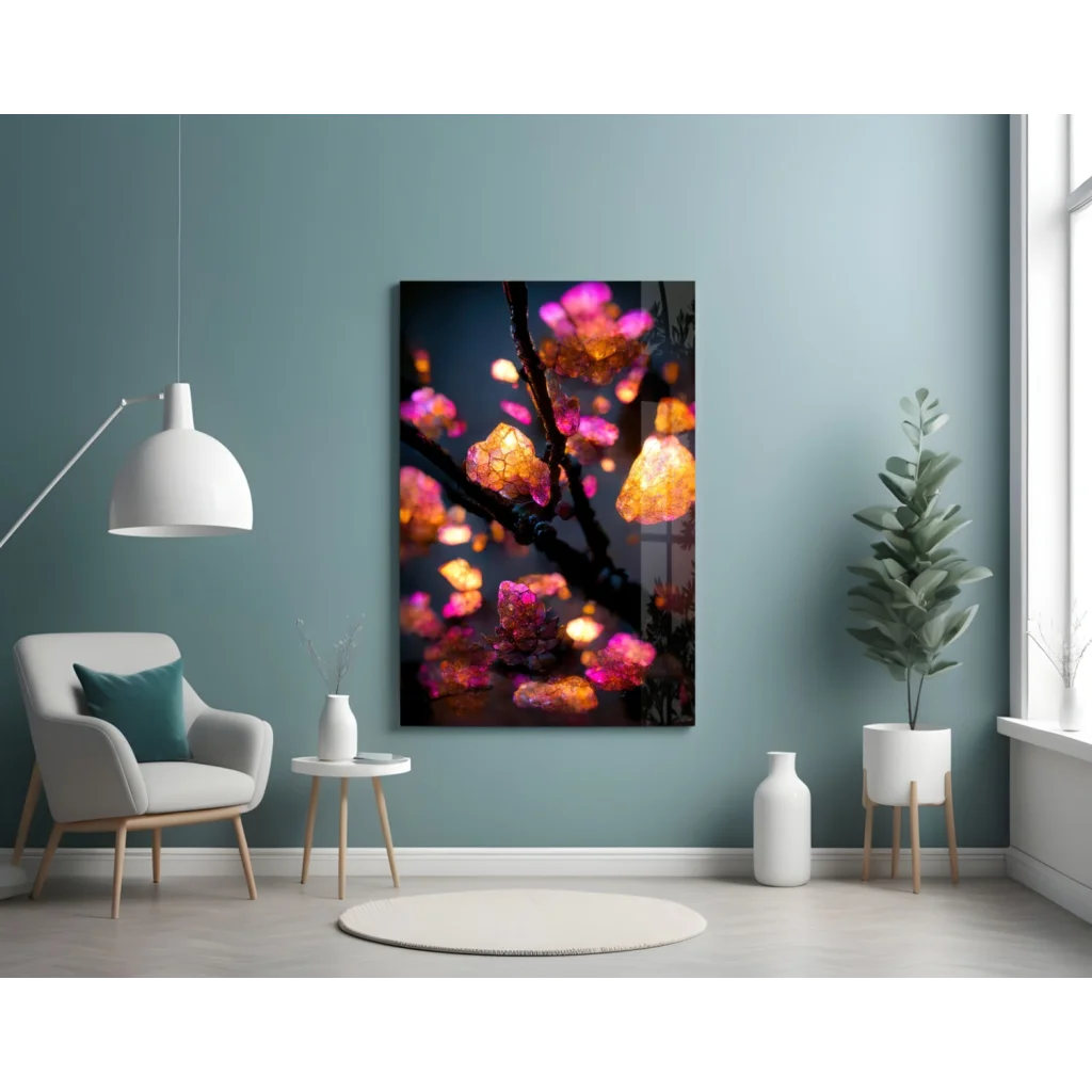 Vibrant pink orange glowing crystal blossom glass wall art on teal wall