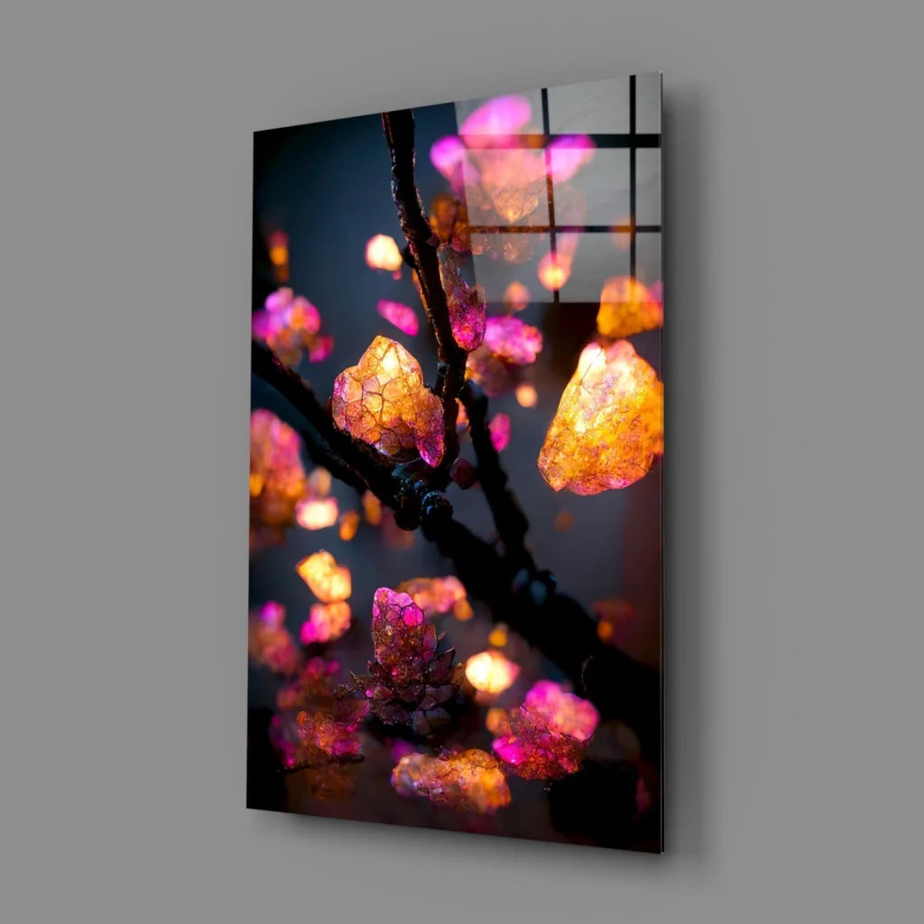 Glowing crystal blossom glass wall art with pink orange blooms on dark branches