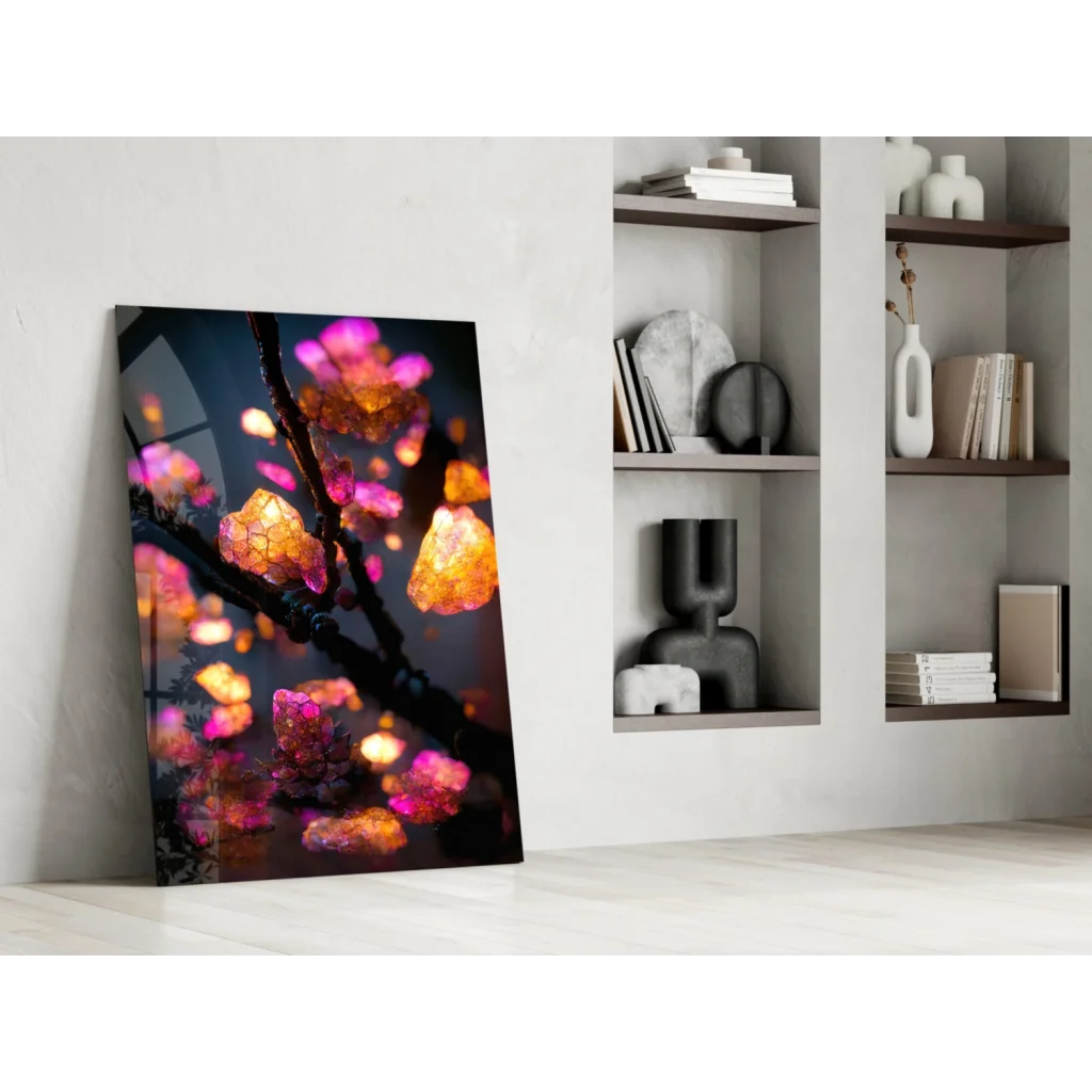 Glowing crystal blossom glass wall art print on white wall