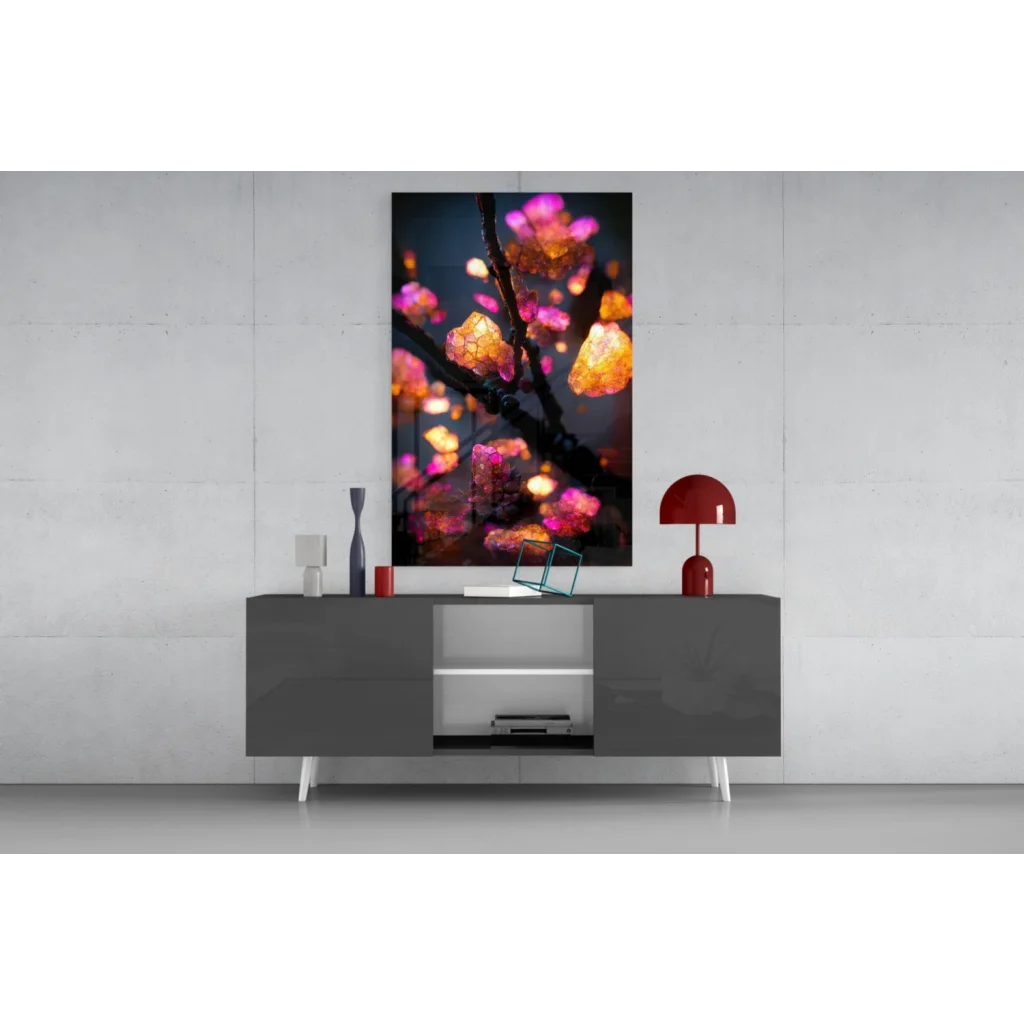 Vibrant glowing crystal blossom glass wall art print on dark branch