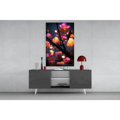 Vibrant glowing crystal blossom glass wall art print on dark branch