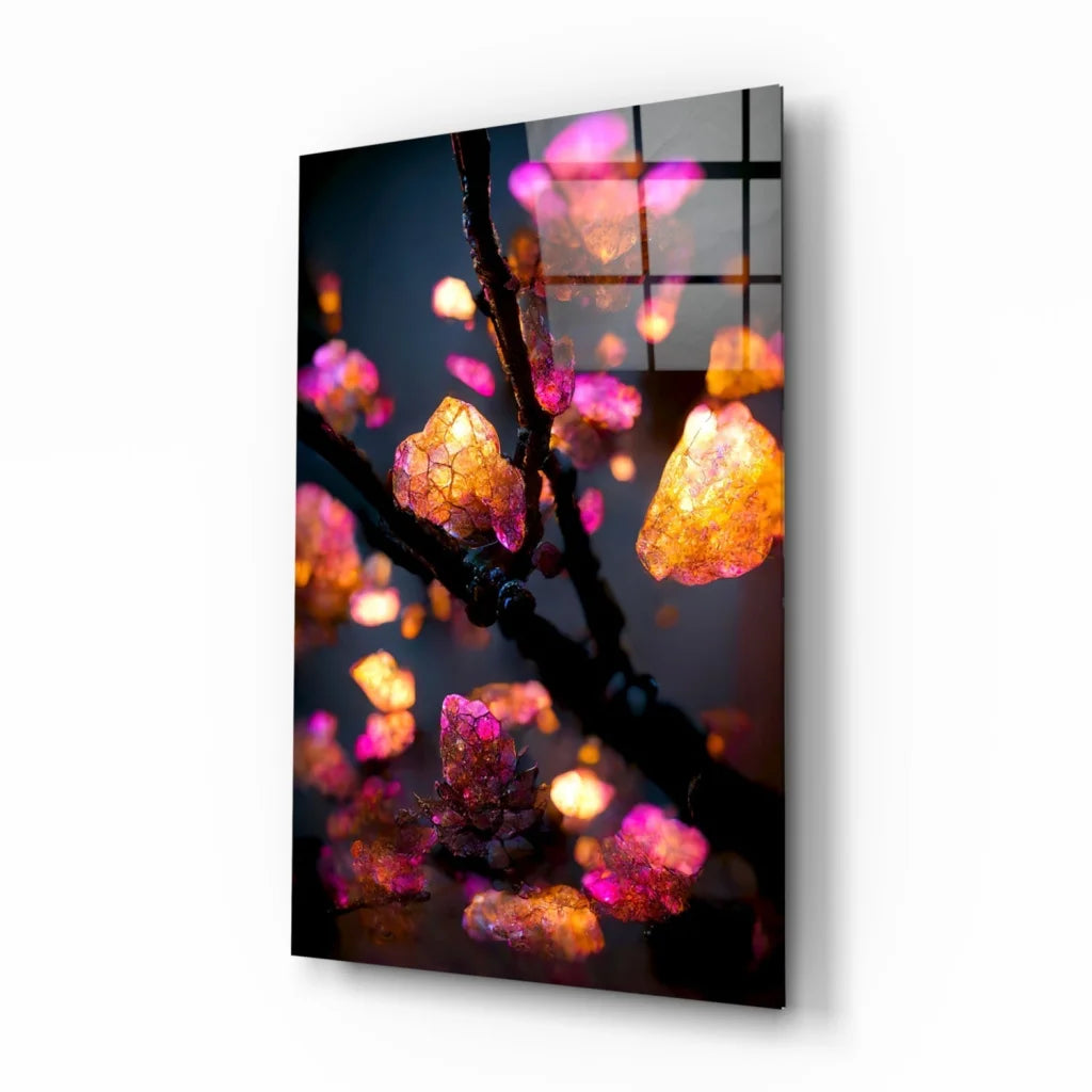 Glowing crystal blossom glass wall art with pink orange lights on branches