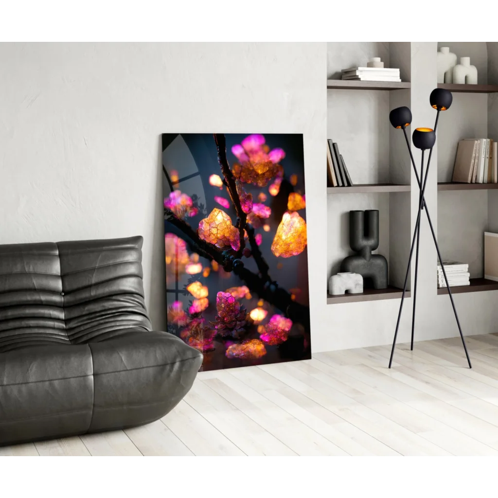 Vibrant pink orange glowing floral glass wall art print on black frame