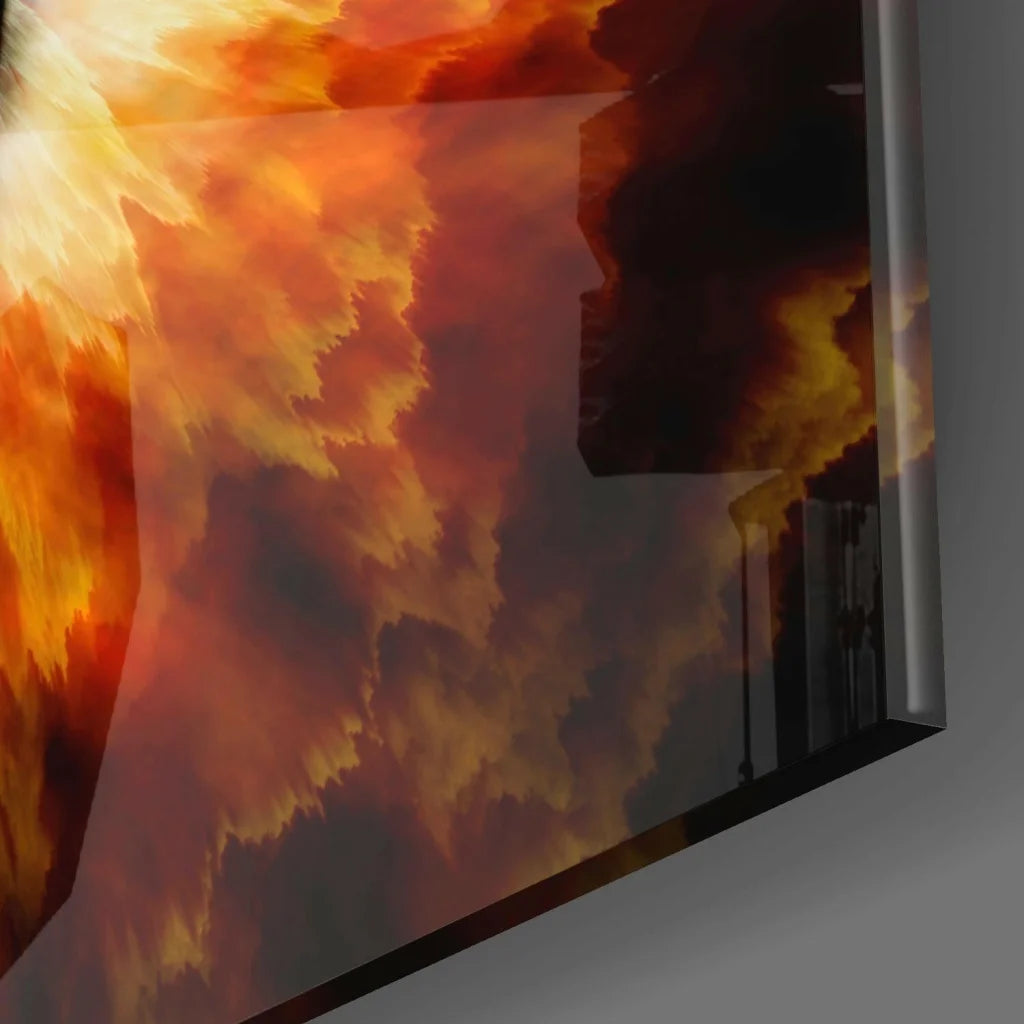 Fiery orange flames engulf industrial silhouette in glass wall art
