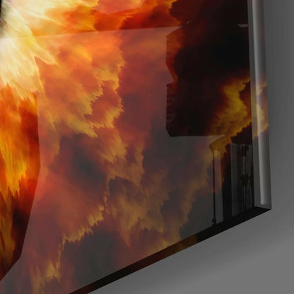 Fiery orange flames engulf industrial silhouette in glass wall art