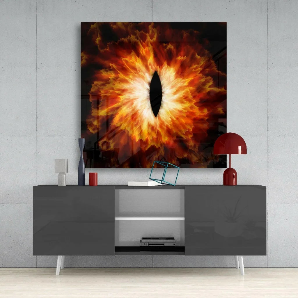 Vibrant fiery eye glass wall art with blazing orange flames