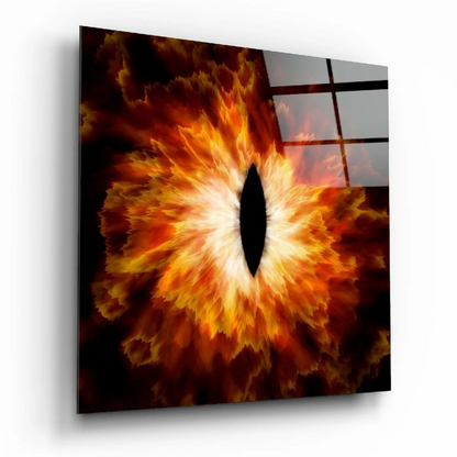 Vibrant fiery eye glass wall art with orange yellow flames on acrylic panel