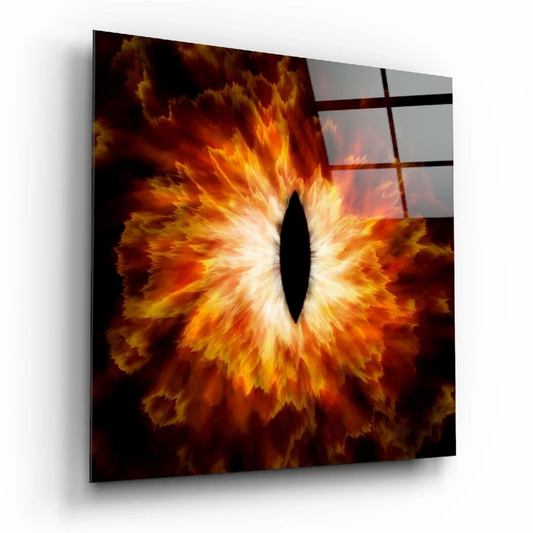 Vibrant fiery eye glass wall art with orange yellow flames on acrylic panel