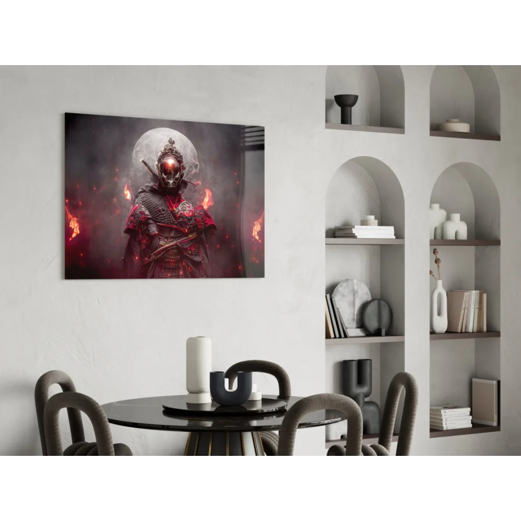 Fiery samurai warrior glass wall art with glowing red eyes